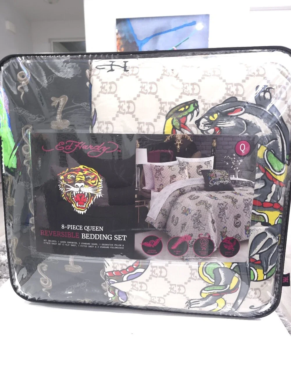 Ed Hardy Queen 8 pcs Cobra Reversible Comforter Bedding Set New
